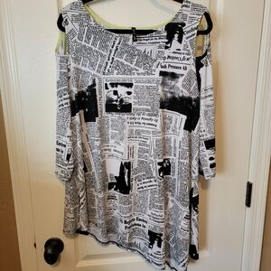 IC by Connie K Newspaper Print Cold Shoulder Top